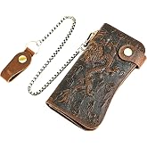 Handadsume Genuine Crazy Horse Leather Travel Gift Coin Pocket Card Case Long Organizer Chain Rfid Wallet Purse With Snap For Men Male 1088 (1088 Dark Brown-Dragon)