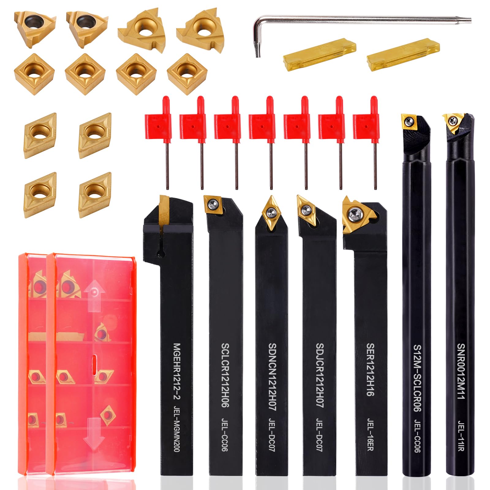 Photo 1 of CHAWNIAO Indexable Lathe Turning Tool 21Pcs Kit 1/2" (12mm) Shank, Includes 7Pcs Metal Lathe Tool Holders and 14Pcs Carbide Inserts for Turning Boring Grooving Cutting Threading Carbide Turning Tool