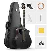 Donner Acoustic Guitar Kits for Beginners, Intermediate Learners &amp; Adults - 38" Steel-String Guitars with Carbon Fiber Top, Wooden Bowl, Includes Free Lessons, Case, Strap (Satin, Black)