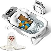 Kerbwry Collapsible Baby Bathtub for Newborn to Toddler (0-18 Months) - Foldable Baby Bath Tub with Soft Towel, Newborn& Infant Bathtub for Travel and Outdoor, Grey