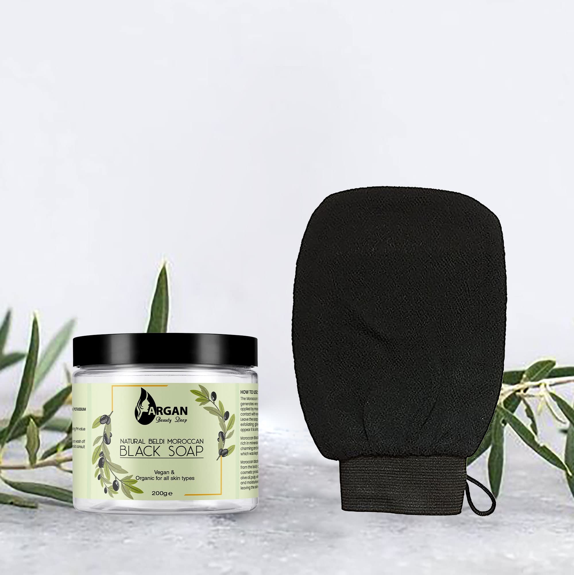 Argan Beauty Deep Moroccan Exfoliating Black Soap & Kessa Glove | Traditional Beldi Soap | Exfoliate Dead Skin Cells While Soothing & Calming | For All Skin Types | 200 g
