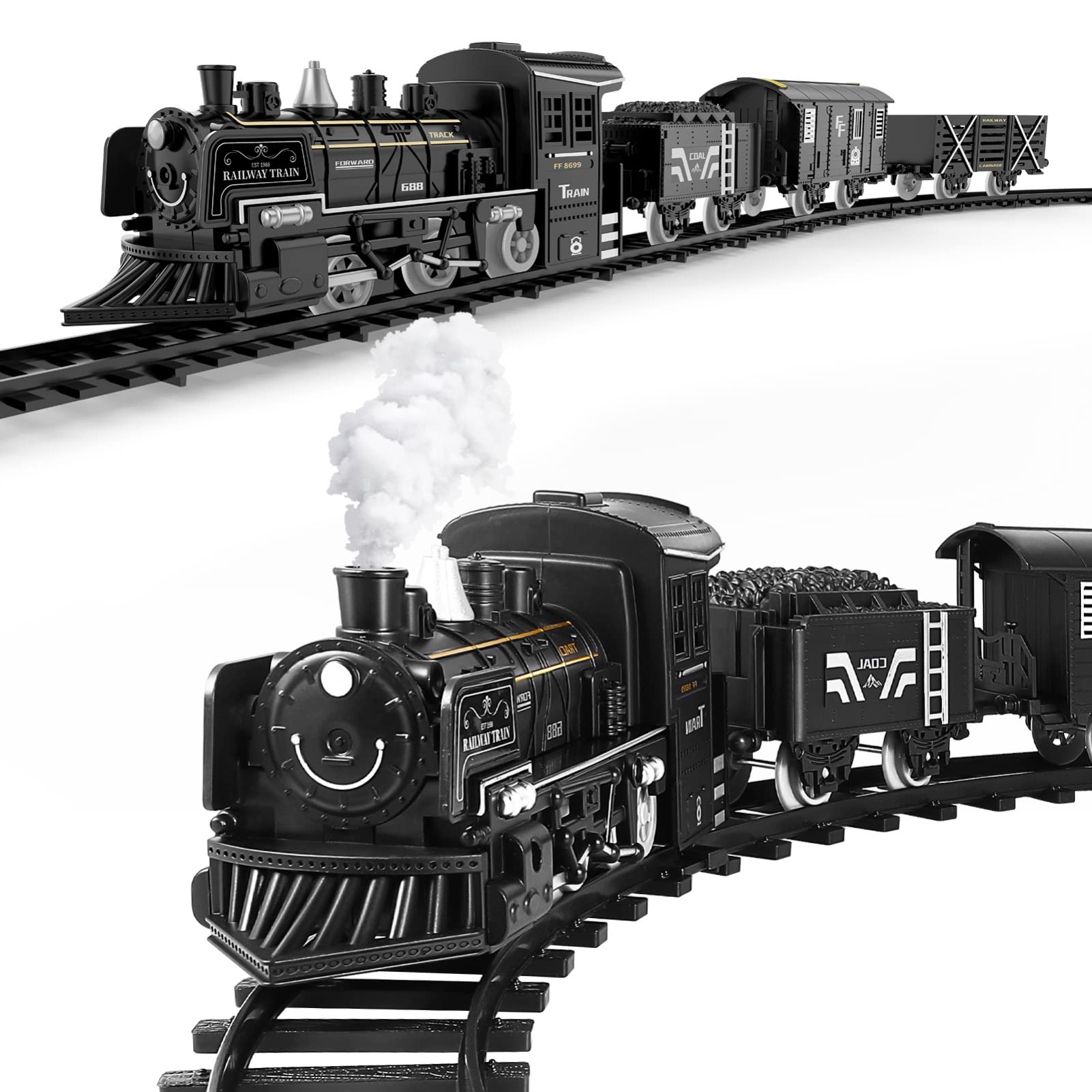 Train Set with Steam Locomotive Engine, Electric Train Toy for Boys Girls with Smokes, Lights& Sound, Cargo Cars& Tracks, Christmas Train Sets Under the Tree, for Kids Ages 3 4 5 6 7 8+
