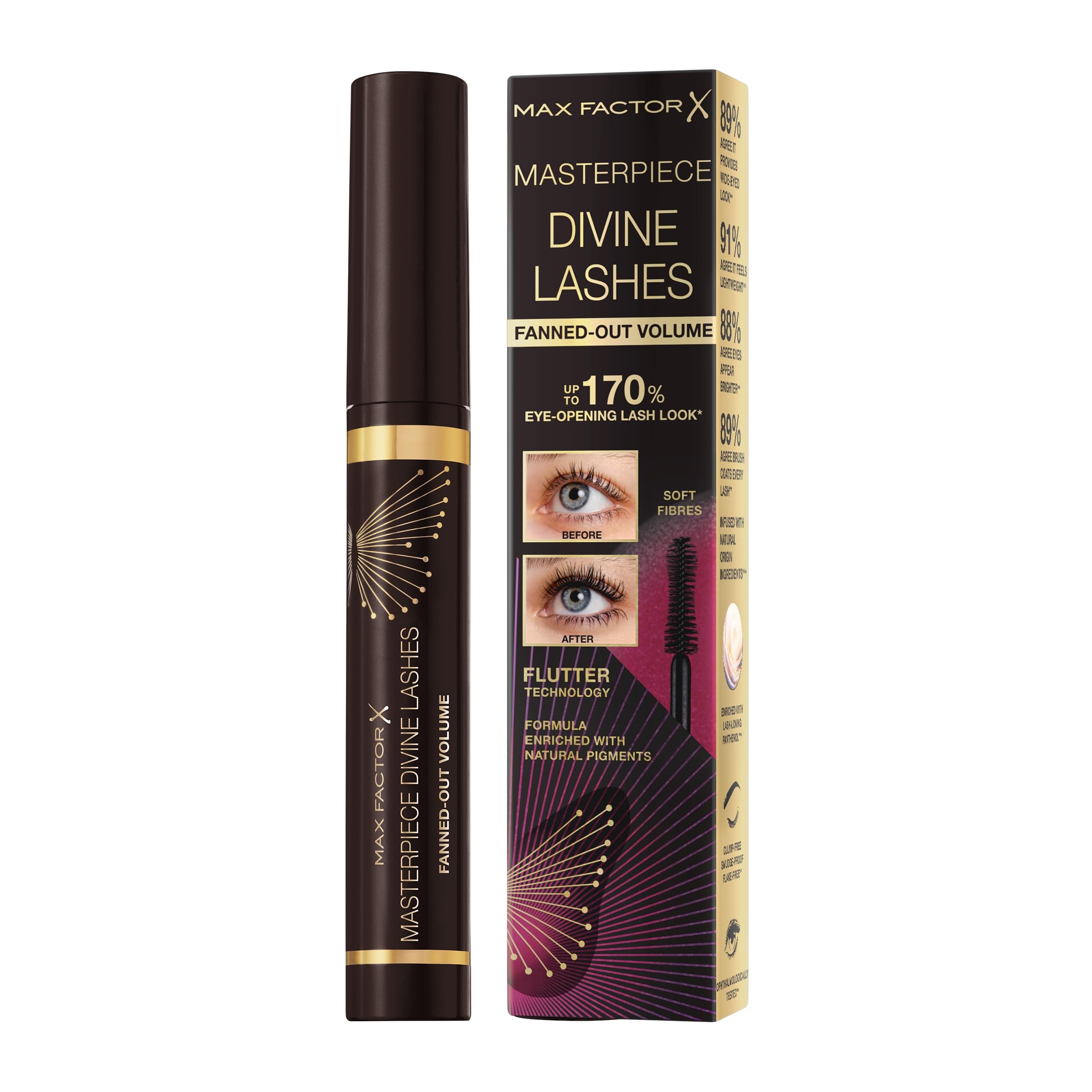 Max Factor Divine Lashes Mascara Black Brown 002, Ultimate Volume, Flutter Technology, 420-Fibre Silhouette Brush, Smooth & Clump Free, All Day Wear