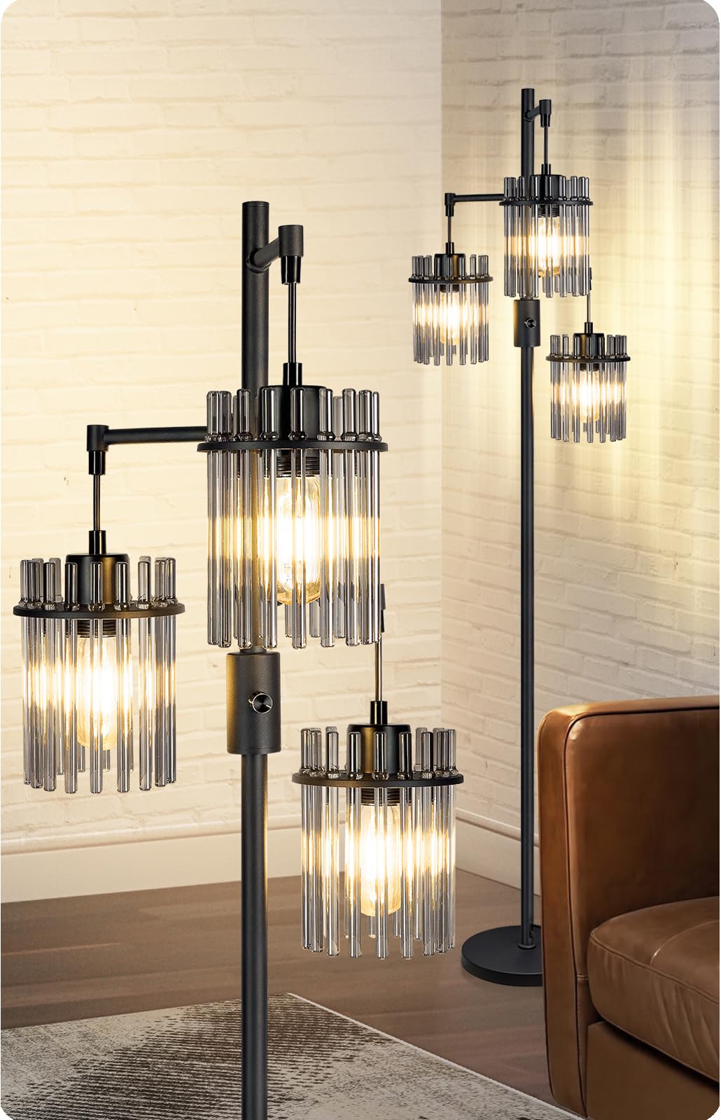 Photo 1 of VOUTOORO Industrial Modern Floor Lamps for Living Room, Dimmable Glass Tree Standing Tall Lamps with 3 Elegant Teardrop Cage Head & 1200 Lumens LED Bulbs for Bedroom Office (66inch Tall)