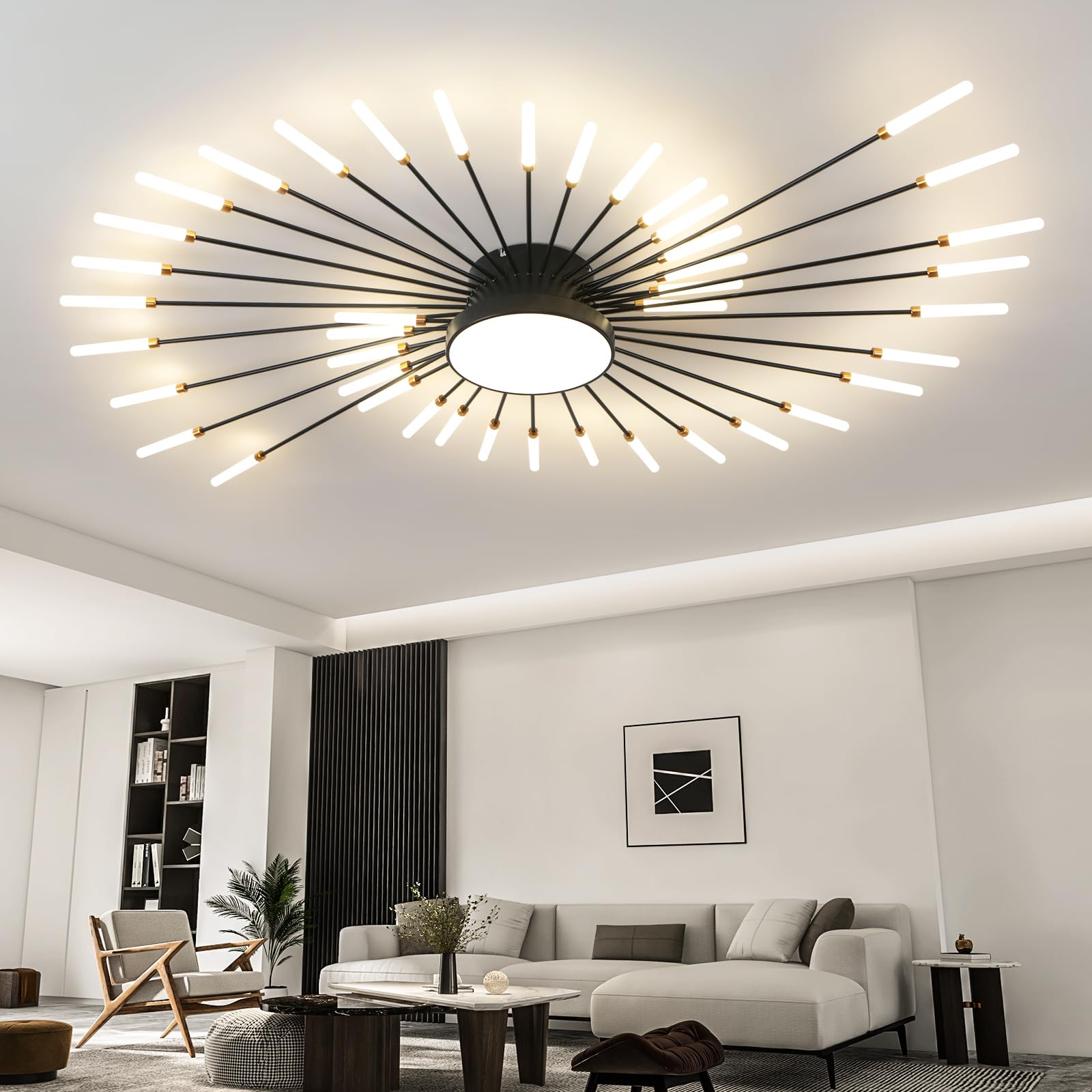 View 1 of ziidoo Modern Ceiling Light, 42+1 Lights Metal Firework Designed Chic Led Lighting Fixture for Farmhouse Kitchen Dining Room Bedroom Hallway Living Room (Black)