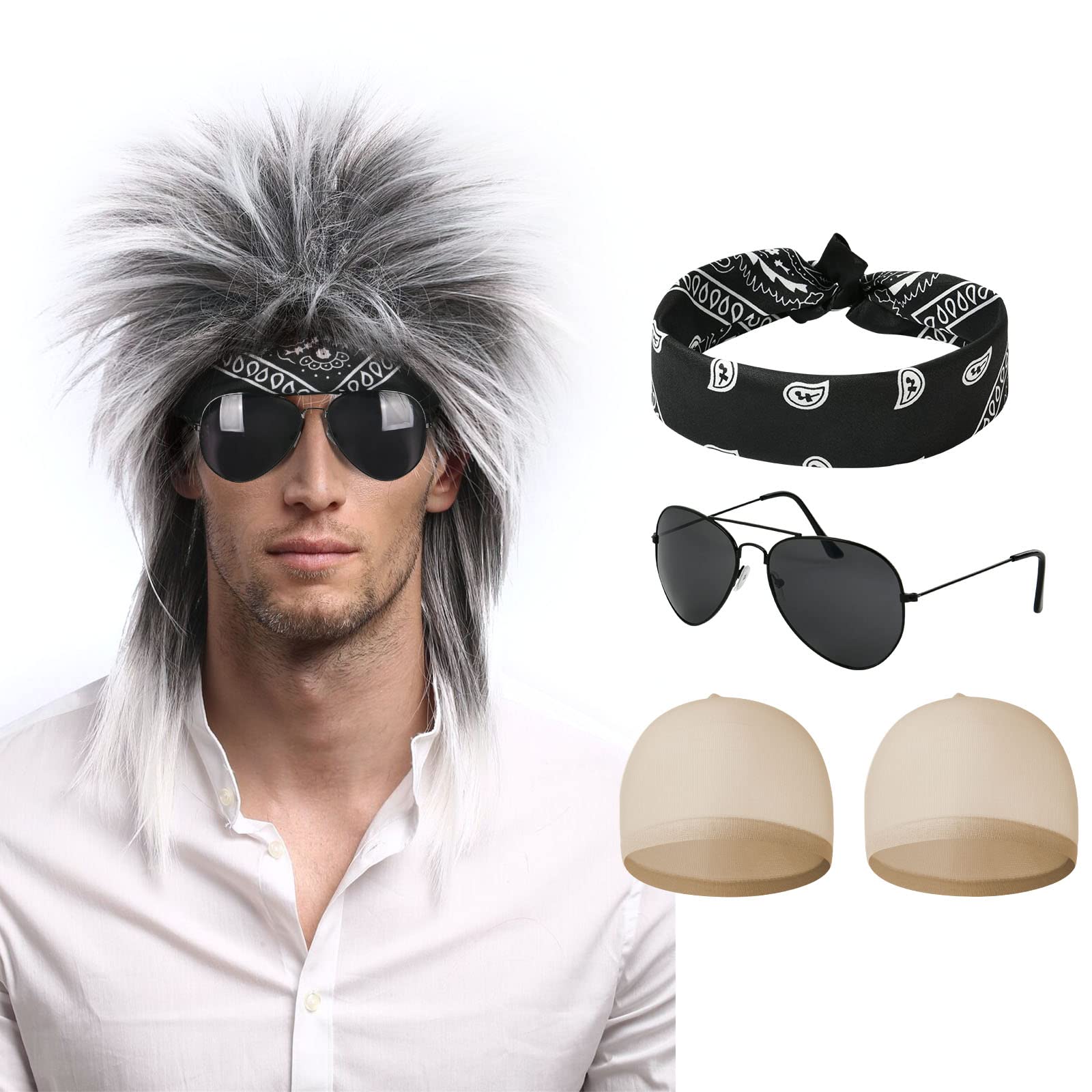 Aomig Rock Star Wig Set, 5pcs Mullet Fancy Dress Wig 70s 80s Costume Accessories for Men Women, Long Hippie Wig with Bandana, Wig Cap, Sunglasses, Funky Afro Wig for 1980's Disco, Theme Party