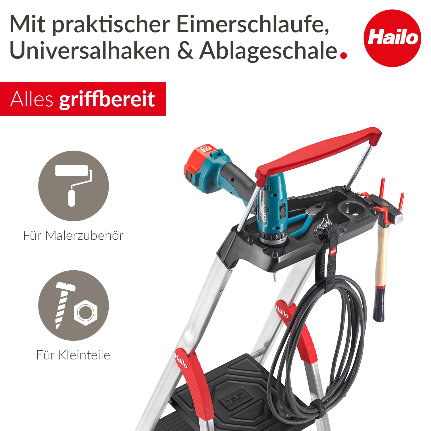 Hailo L100 Topline Alu-Sicherheits-Stehleiter - 8 XXL-Stufen bis 150 kg - Stehleiter mit ausziehbarem Haltebügel, Plattformverriegelung - viel Zubehör - klappbare Aluleiter Made in Germany - schwarz 4