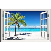 Beach Pictures Wall Art Decor for Living Room Blue Ocean Painting for Bedroom White Window Frame Style Palm Trees Canvas Wall Blue Coastal Landscape Artwork for Bathroom Home Office Decorations, Ready to Hang (24*36, Beach Palm Trees Wall Art)
