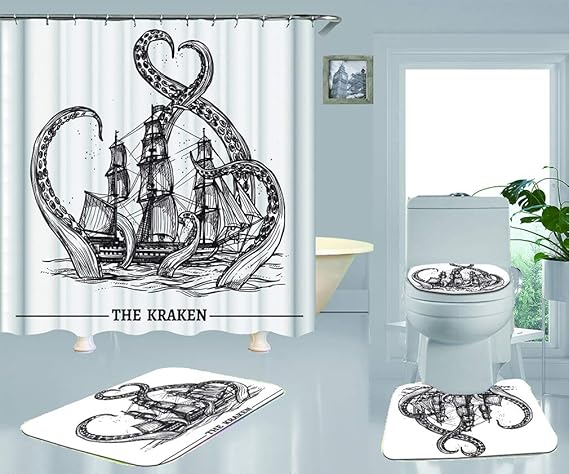 OCEANE Nautisches Segelboot-Duschvorhang-Set, digital Bedruckte