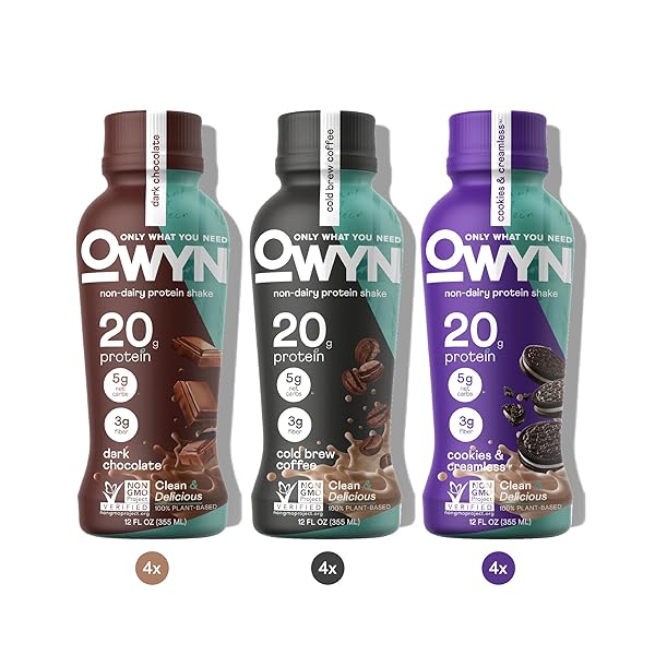 OWYN ONLY WHAT YOU NEED PROTEIN SHAKE VARIETY PACK, DARK CHOCOLATE, COLD BREW COFFEE, COOKIES AND CREAMLESS, 20G PROTEIN, 4G SUGAR, 3G FIBER, DAIRY FREE, PLANT BASED PROTEIN DRINK, 12 CT