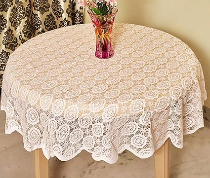 Griiham 4 Seater Elegant Floral Embroidered Round Table Cloth Size 60 inches - (White)