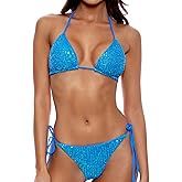 LEOMOSTE Women Sexy Two Piece Bikini Swimsuit Sequin String Triangle Bikini Set Thong Swimwear Bathing Suit