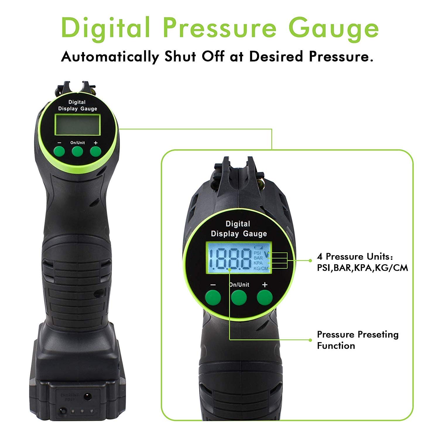 HAWKFORCE Tire Inflator, Cordless Portable Air Compressor Car Tire Air Pump with Easy to Read Digital Pressure Gauge, Built-in LED Light, Long Length 99 Inches Car Charger, Tool Bag