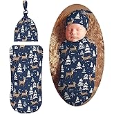 Winter Deer Snow Tree Navy Blue Newborn Swaddle Blankets Baby Receiving Blanket Soft Swaddle Sleeping Sack with Hat Sets for Baby Shower Girl Boy Gift