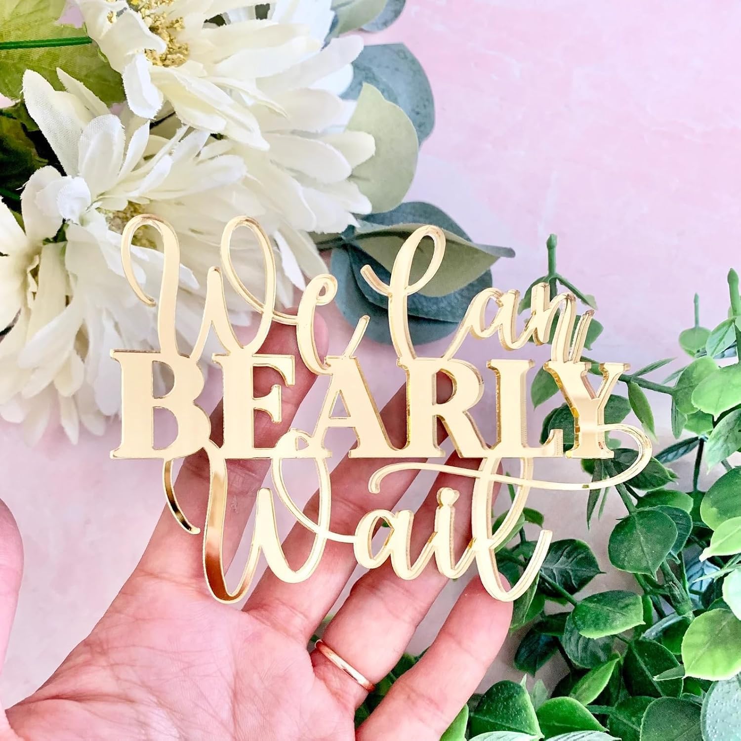 Photo 1 of "We Can Bearly Wait" Baby Shower Cake Topper, Gold Acrylic Bear Theme Party Cake Topper, Welcome Baby,Pregnancy Announcement,Baby to Be for Baby Shower Party Supplies,Gender Reveal Photo Props