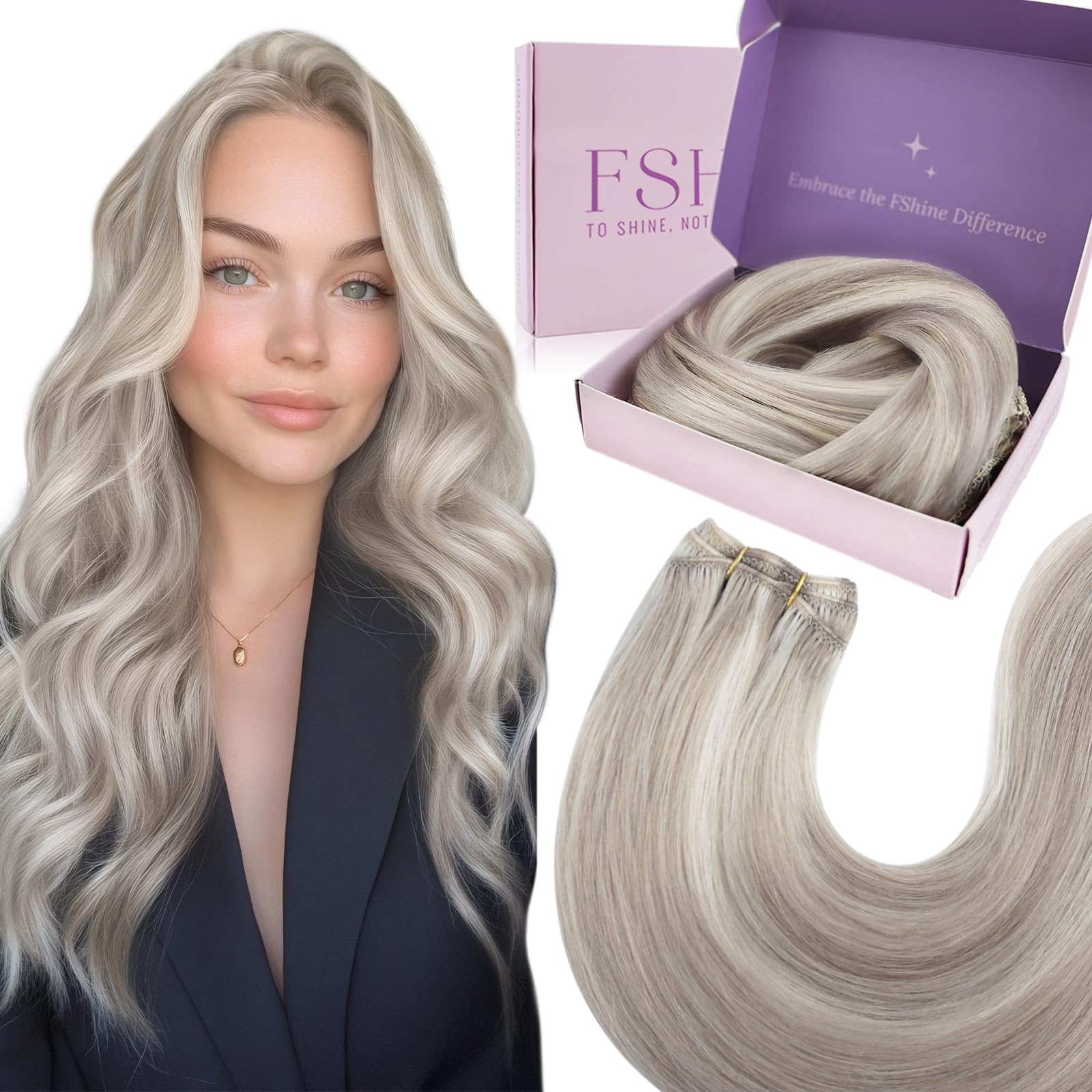 Fshine Real Human Hair Silver Grey and Blonde Sew-in Extensions - 14 Inch Highlight Double Weft Straight Hair Extensions — image 1