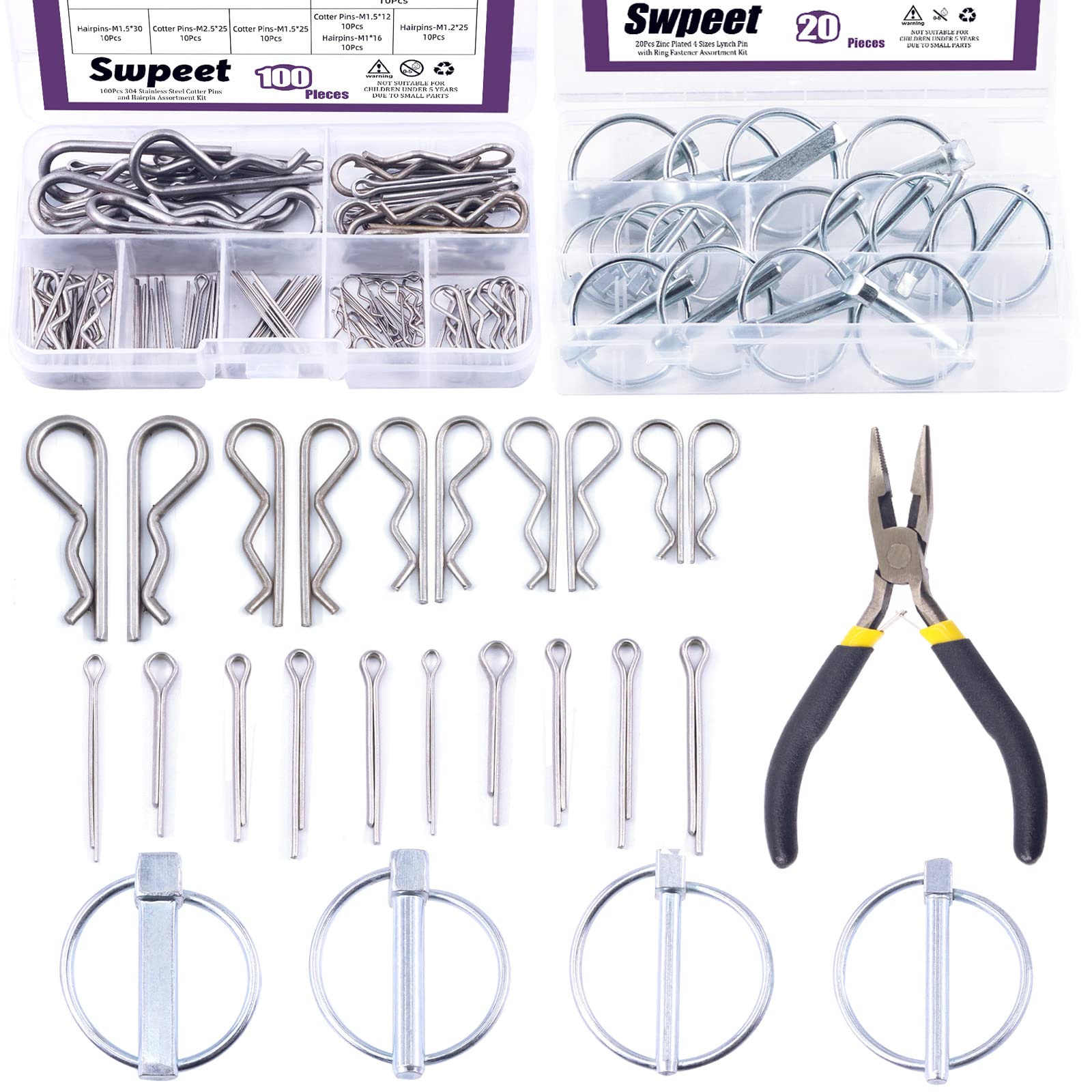 Swpeet 121Pcs 4 Sizes White Zinc Lynch Pin with Ring and 304 Stainless Steel Cotter Pin Hair Pin Hitch Pin and R Shape Clips Fastener Fitting with Needle Nose Pliers Kit for Farm Tractors Trailers