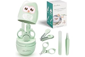 GLOVAL BABY Baby Nail Care Kit with Cute Owl Case – 4-in-1 Infant Manicure Set (Clipper, Scissors, File, Tweezer) for Newborns, Infants & Toddlers – Safe Stainless Steel Tools Perfect Mother’s Day Gift (Green)