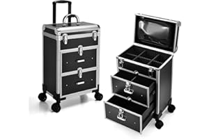 Adazzo Professional Rolling Makeup Train Case with Drawers, Large Cosmetic Trolley with Locks, Cosmetics Storage Organizer Make up Case for Travel Makeup/Nail Art/Hair Styling, Matte Black
