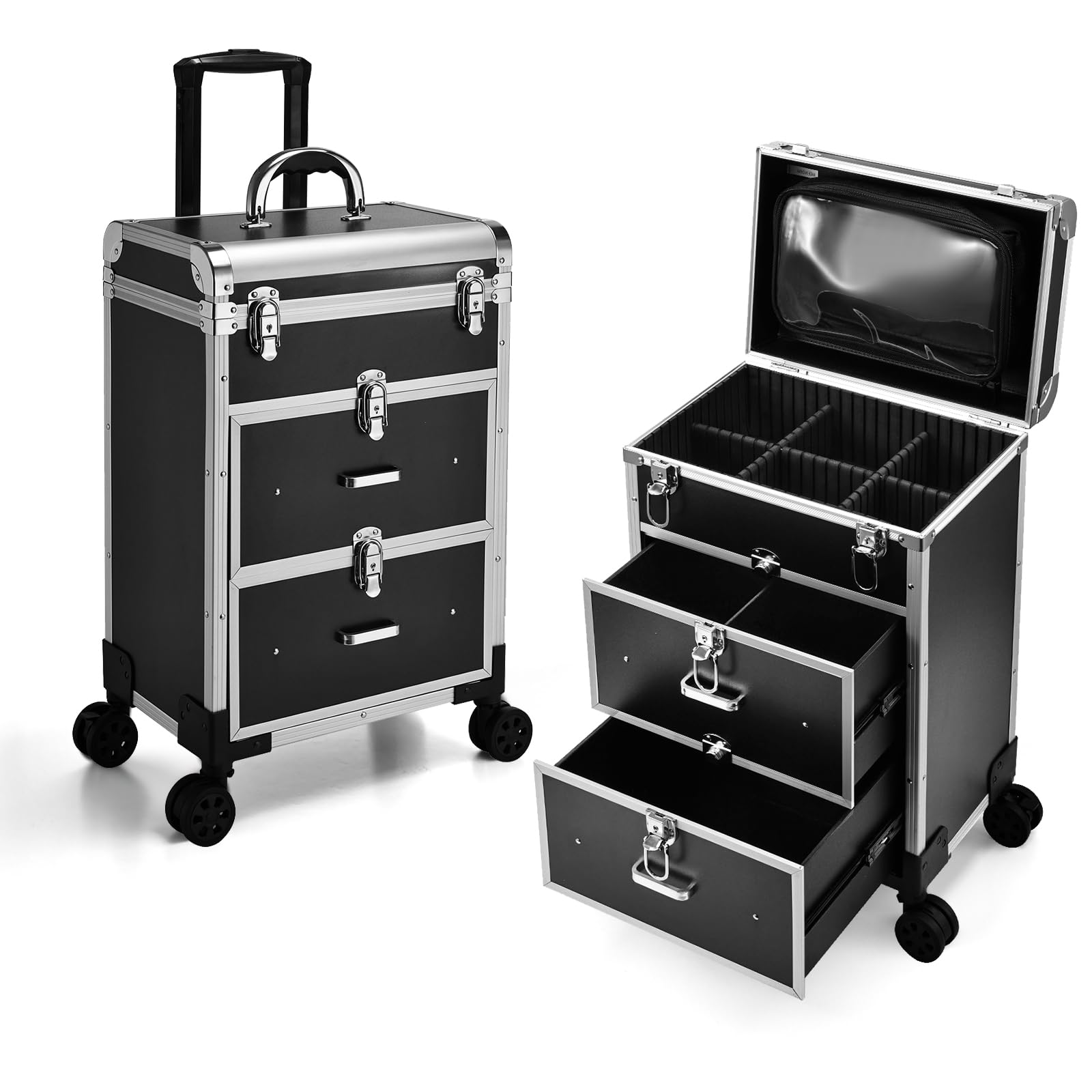 Photo 1 of Adazzo Professional Rolling Makeup Train Case with Drawers, Large Cosmetic Trolley with Locks, Cosmetics Storage Organizer Make up Case for Travel Makeup/Nail Art/Hair Styling, Matte Black