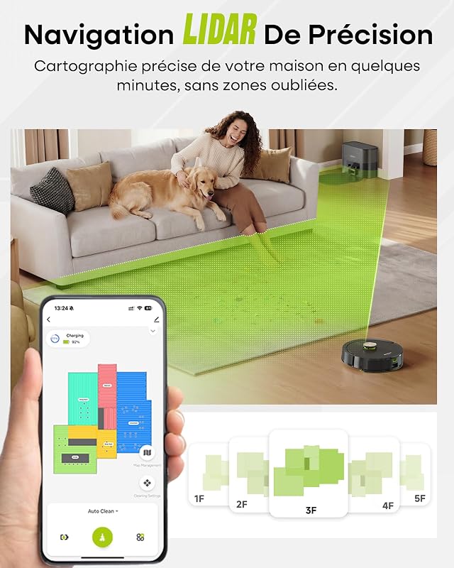 Robot Aspirateur Laveur, 10000Pa, avec Station de Vidange, Navi LDS