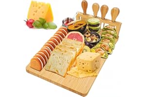 Bamboo Cheese Board, Cheese Tray with 4 Stainless Cutlery Set,Charcuterie Board and Serving Meat Platter, Cheese Platter Gift