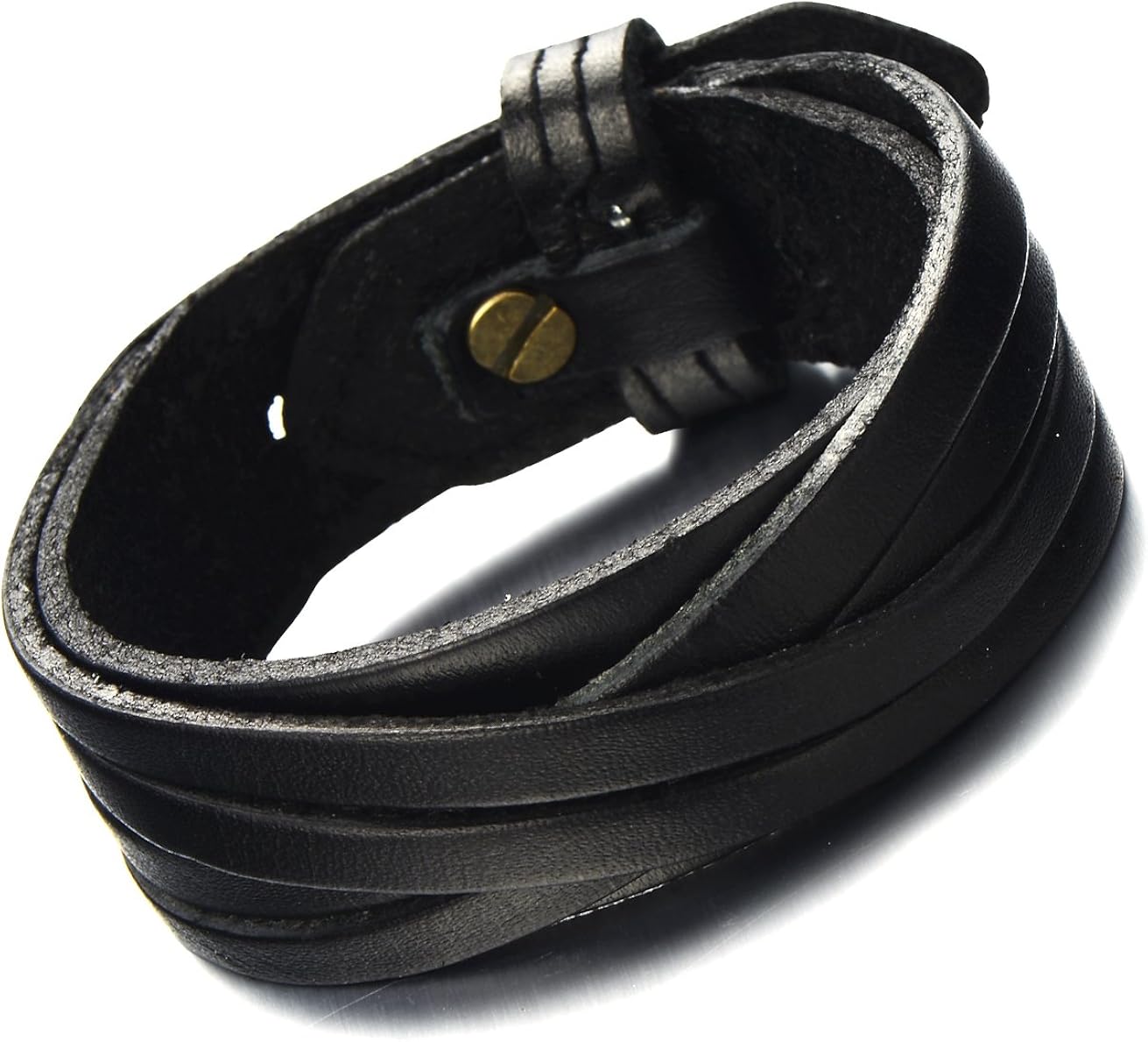 COOLSTEELANDBEYOND Classic Mens Stripe Leather Bracelet Black Genuine Leather Wristband