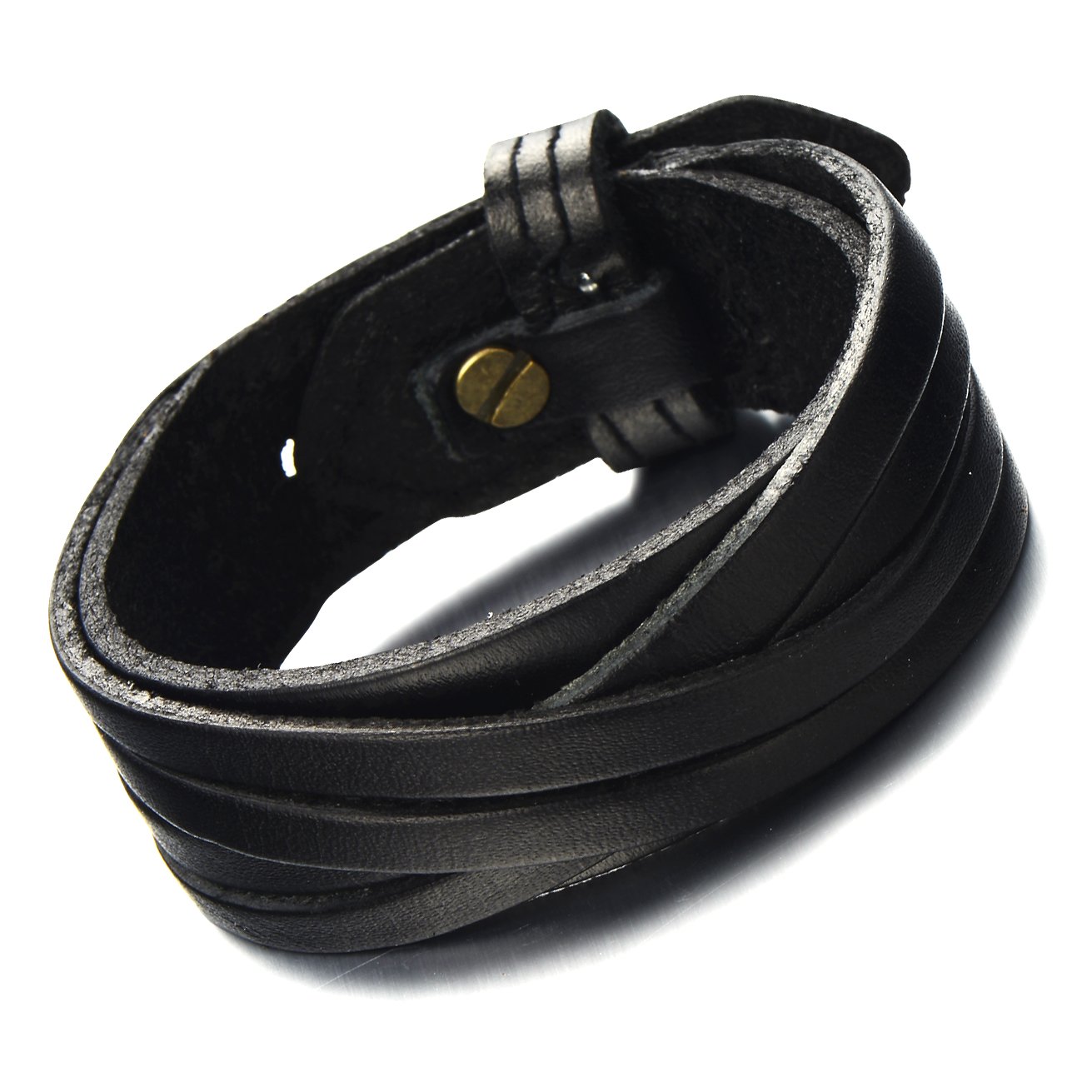 COOLSTEELANDBEYOND Classic Mens Stripe Leather Bracelet Black Genuine Leather Wristband