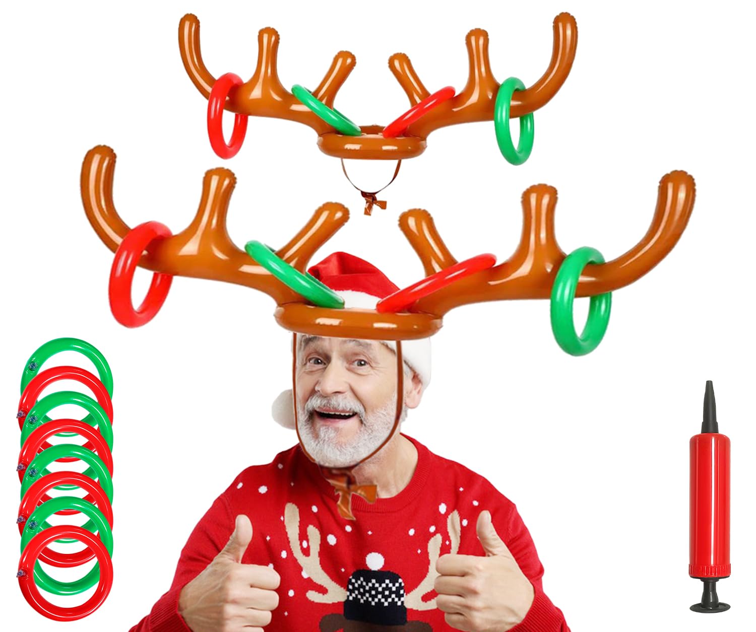 2 Set Christmas Inflatable Reindeer Antler Ring Toss Game, Christmas Party Games Inflatable Reindeer Antler Hat with Rings for Outdoor Indoor, Xmas Family Fun Games