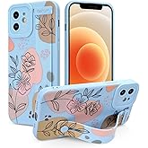 Jefonha Case for iPhone 12 Silicone Phone Case with Strap for Women Girls Cute Floral Flowers Pattern, Adjustable Soft Finger Strap Kickstand Protective Cover, Blue