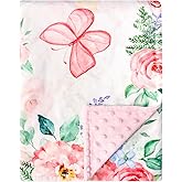 Baby Blankets for Girls, Soft Pink Minky Toddler Blanket 30x40 Inches, Double Layer, Dotted Backing, Floral Baby Crib Blanket for Nursery, Baby Car Seat, Pet, Pink Flower & Butterfly