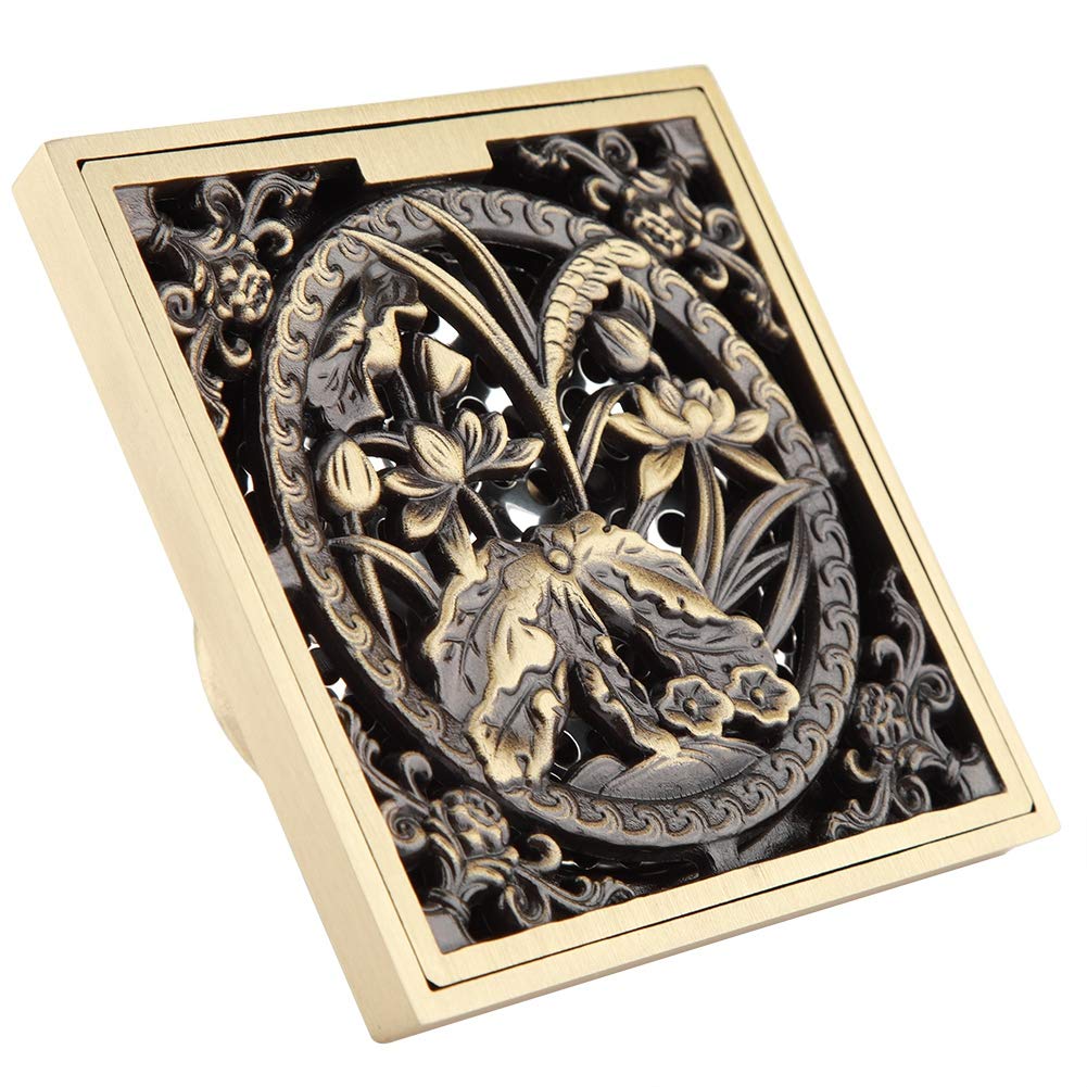 TOPINCN Shower Floor Drain, 10CM Antique Brass Bathroom Waste Drain Strainer Cover Grate, Bathroom Floor Drain Accessories Replace (Fu Bamboo (washing machine floor drain))