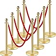 Stainless Steel Stanchion Post,Stanchions with Red Rope,Hollow Base and Velvet Ropes Safety Barriers Set,Carpet Runner for Party (8pack-Gold)