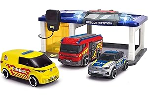 Dickie Toys - Rescue Car Station for Children from 3 Years (31 x 22 cm) with 3 Toy Cars (Police Car, Ambulance, Fire Truck), Fire Station and Police Station incl