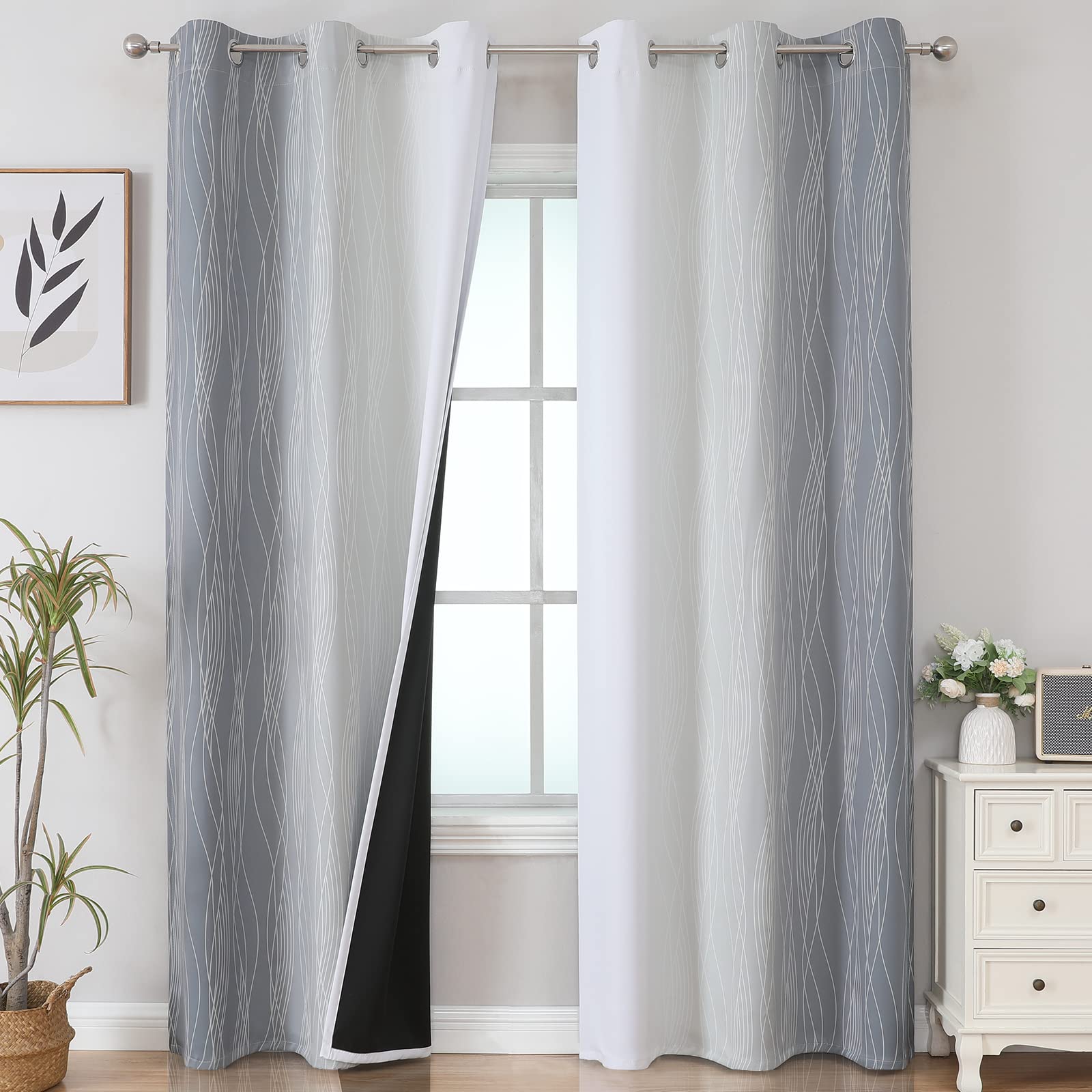 VEHEDE Ombre Wave Printed Blackout Curtains 84 Inch Drop for Bedroom, Grey and Greyish White Gradient Thermal Insulated Home Decorative Window Drapes for Living Room, W42 x L84 Inch, 2 Pieces