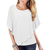 Lotusmile Women's Lightweight Flowy Shirt Double-Layered Printed Chiffon Poncho Blouse Top