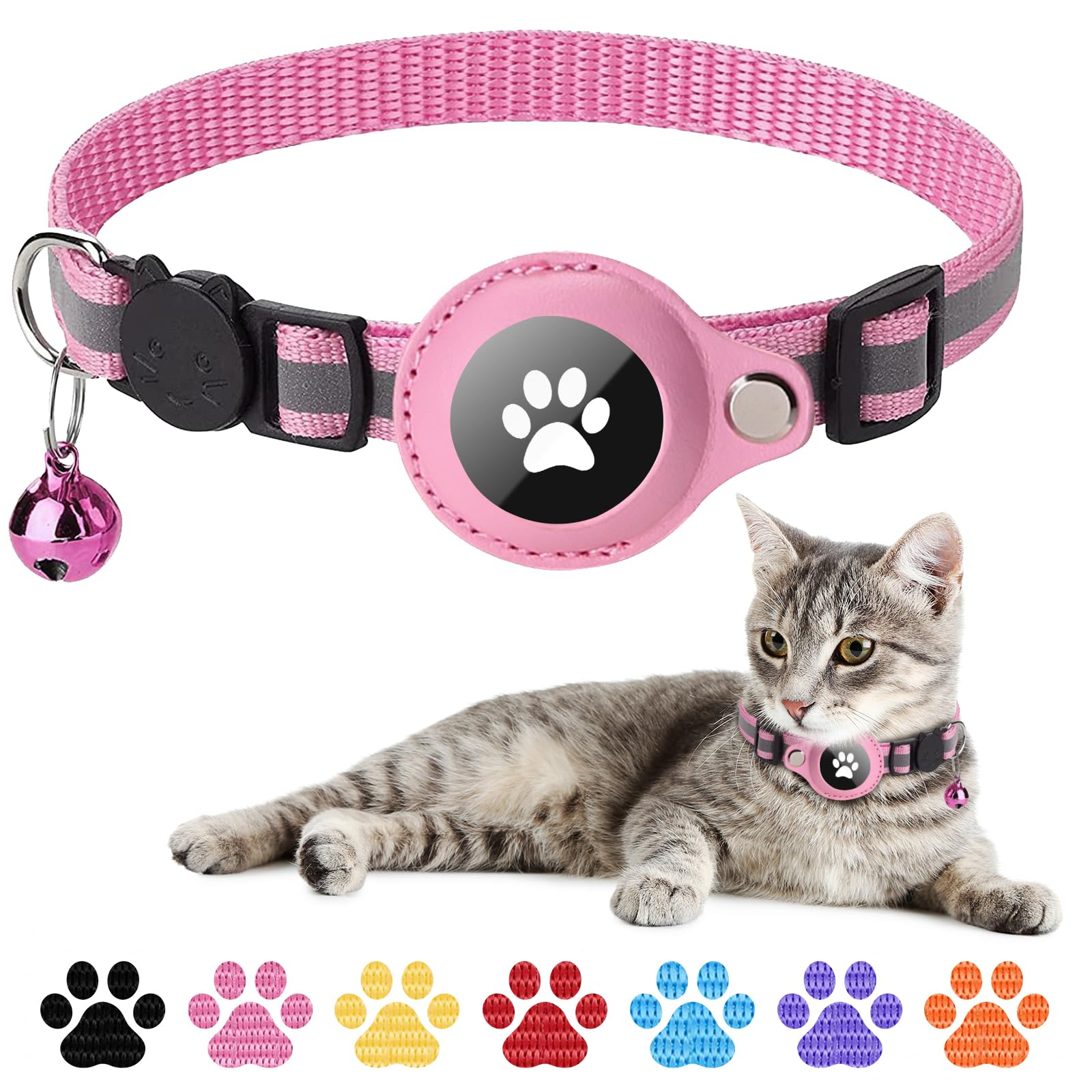 Boloshine Reflective Airtag Cat Collar, Anti-Lost Cat Tracker Collar with AirTag Adjustable Holder & Bell, Lightweight GPS Cat Collar Compatible with Apple Airtag for Small Cats Kitten Puppy (Pink)