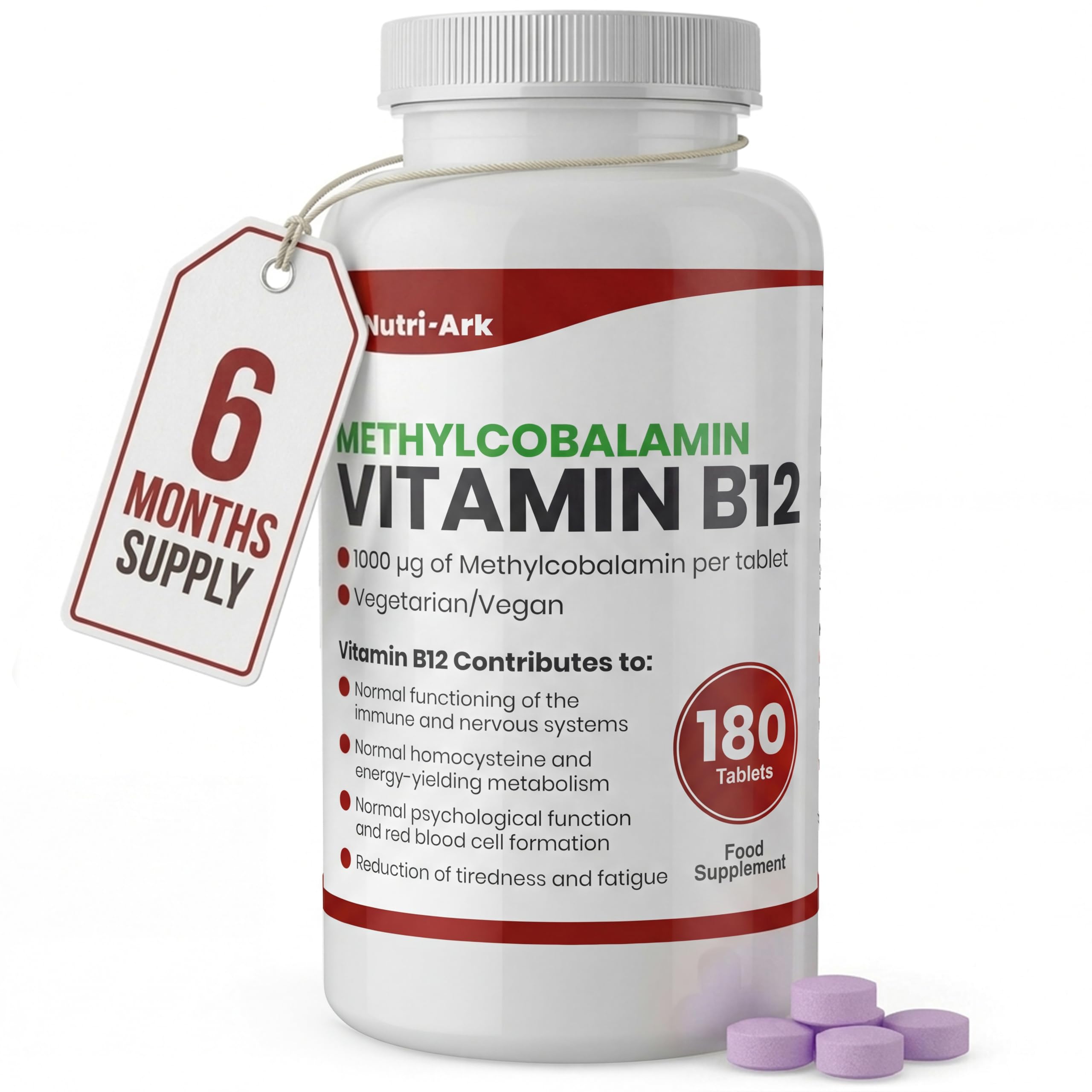 Vegan Vitamin B12 Methylcobalamin 1000mcg 180 Tablets (6 Months Supply) Made in the UK by Nutri-Ark