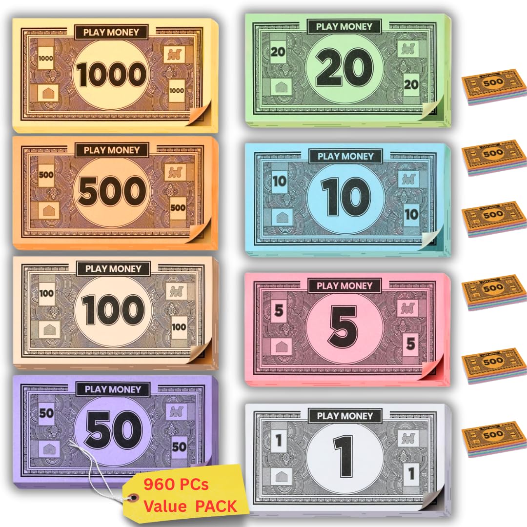 Play Money Compatible with Monopoly Money 80 Sheets Total in Mixed Colors: $1, $5, $10, $20,$50,$100,$1000