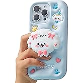 TUFTA Kawaii 3D Dog Phone Case for iPhone 16 Pro Max (with Retractable Phone Stand & Grip) Cute Girly Cartoon Soft Silicone Phone Cover for Girls, Kids, Teens, and Women, Blue