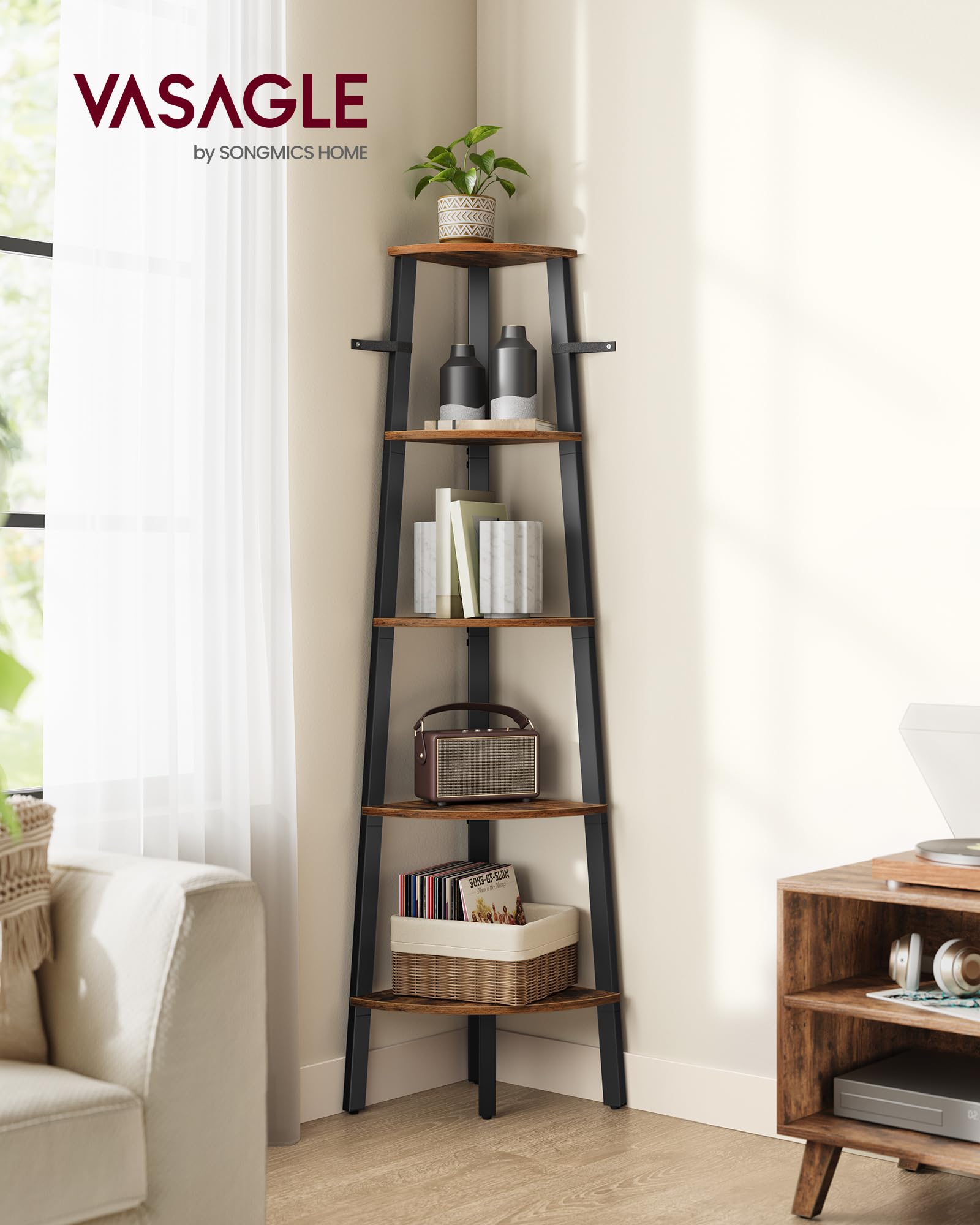 VASAGLE Corner Shelf, 5-Tier Corner Bookshelf, Storage Shelving Unit, Plant Stand for Living Room, Industrial Accent Furniture with Steel Frame, Rustic Brown and Black ULLS35X