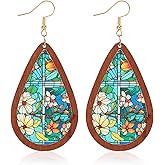 GELVTIC Bohemian Wood Teardrop Earrings for Women Acrylic Colorful Teardrop Dangle Earrings Handmade Natural Wooden Earrings Boho Geometric Flower Leaf Cross Earrings Statement Lightweight Ethnic Earrings Vintage Retro Jewelry