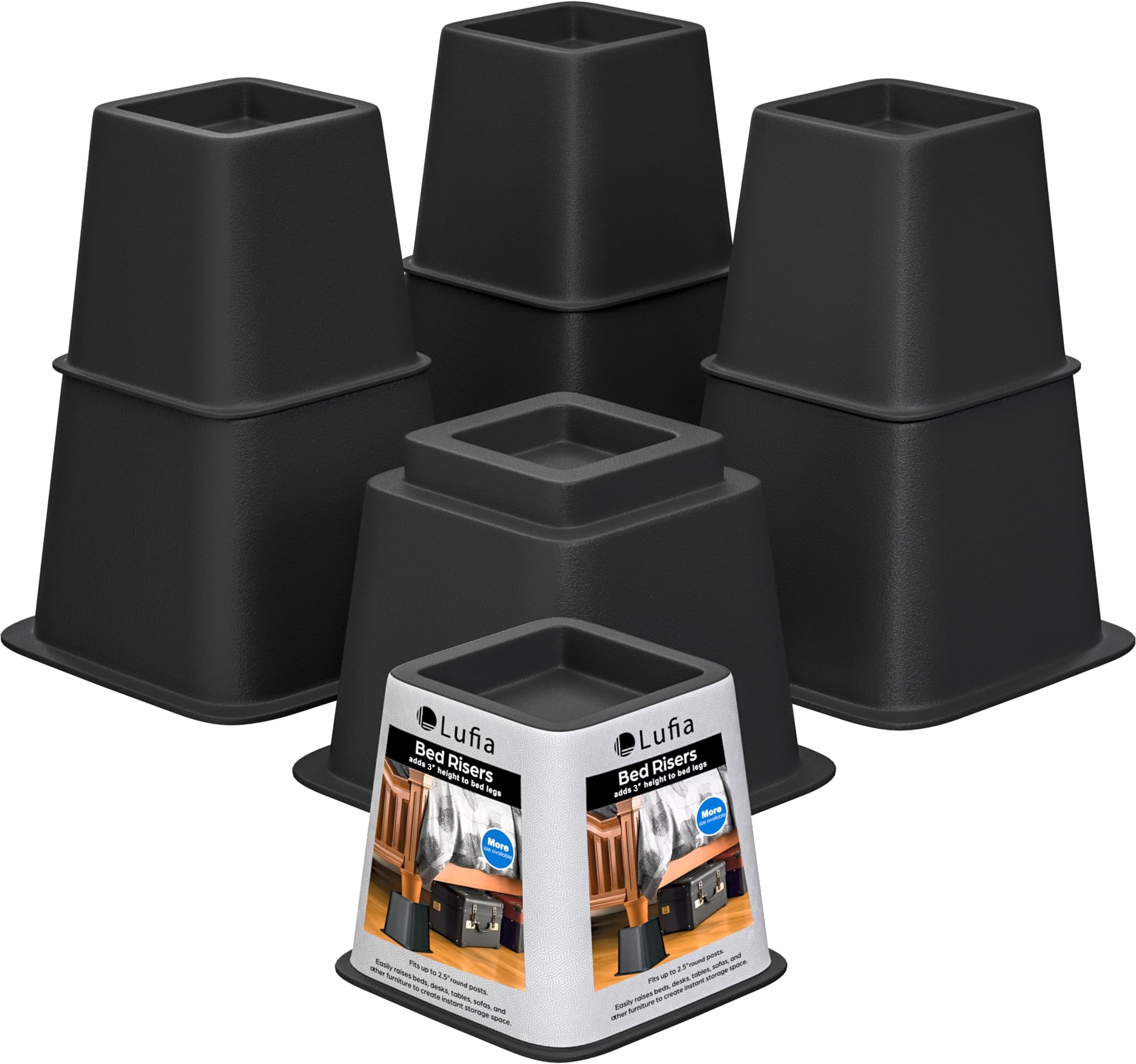 Lufia Bed Furniture Risers, Heavy Duty, 8, 5 or 3 Inch Elevation, Adjustable for Sofa, Table, Couch, Chair or Desk, Supports up to 1,300 lbs (Set of 4, Black)