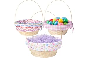 YIDAKO 3 Pack Easter Baskets with Handles and Colorful Plaid and Bunny Liners,Wicker Woven Empty Basket Set for Easter Egg Hunt, Spring Kids Party Picnic Supplies 12"x7"