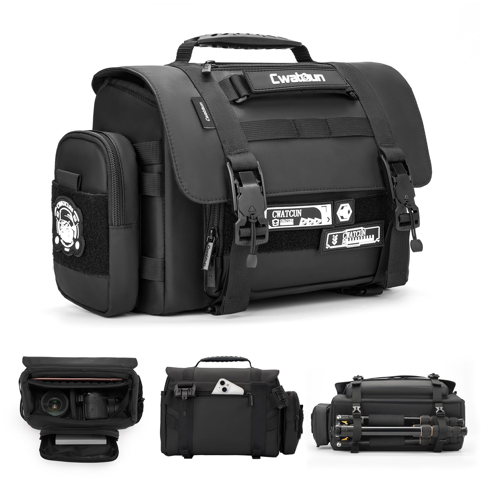 Cwatcun Camera Sling Bag, Waterproof Multifunction Photography Tactica Camera Crossbody Bag with Tripod Holder & Removable Accessory Bags for DSLR/SLR/Mirrorless Cameras - Small