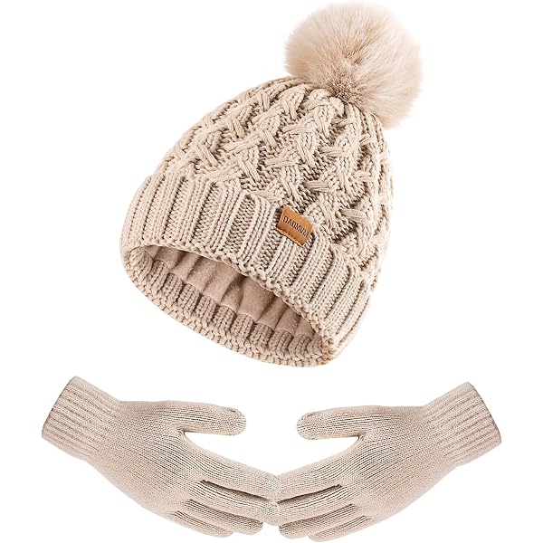 Winter Beanie Hat Gloves Set for Women, Pom Pom Fleece Lined  display picture 3