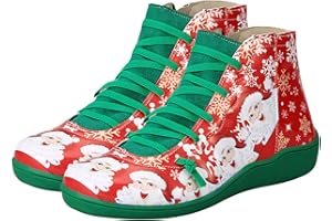 Generic Christmas Santa Claus Shoes Round Toe Lace- Up Side Zipper Xmas Printed Short Boots Santa Costume Accessory for Women Men, Green