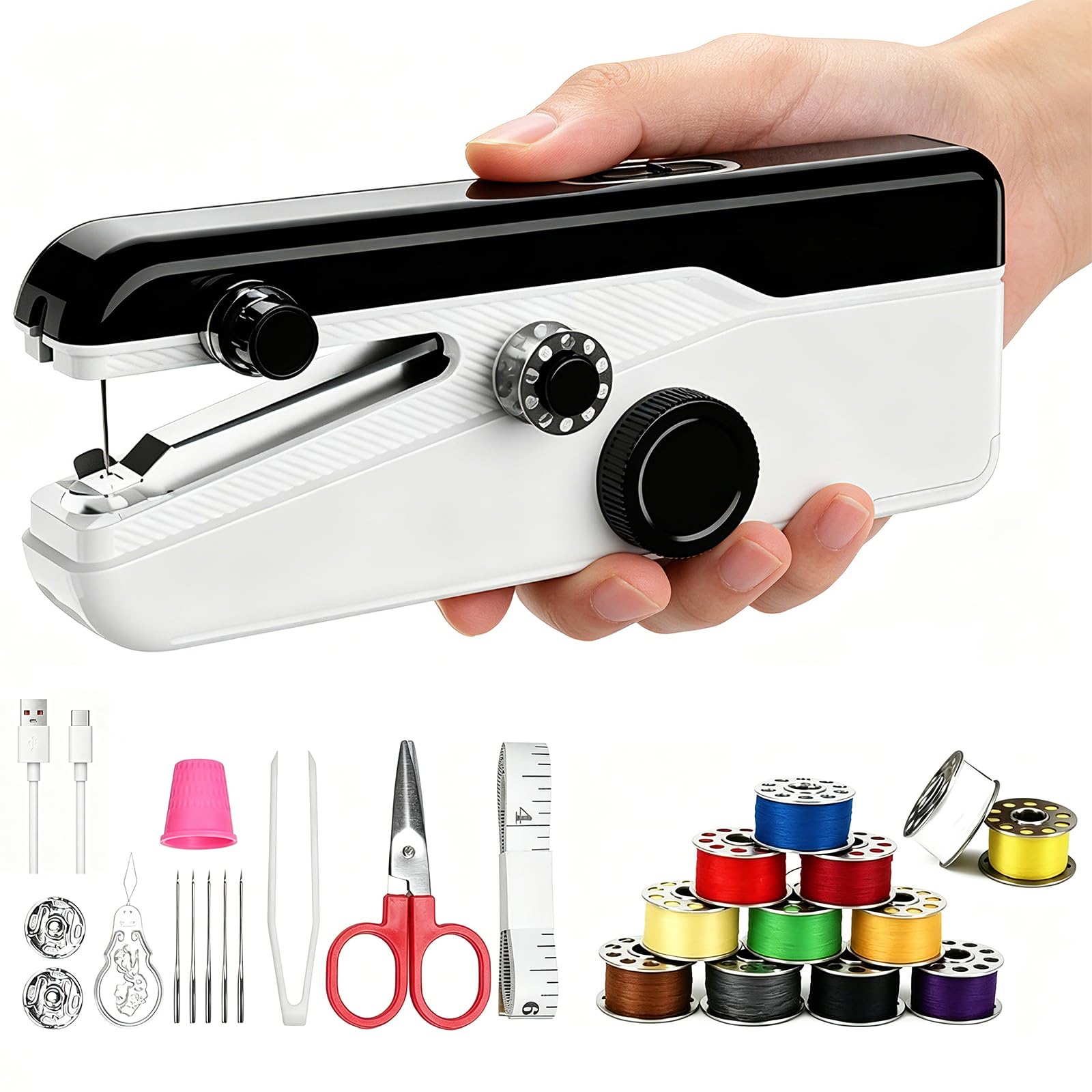 handheld sewing machine, heavy duty mini sewing machine 2-speed 2 power modes quick sewing kit hand sewing machines stitching for beginners adult, portable sewing machine suitable for diy/home/travel white