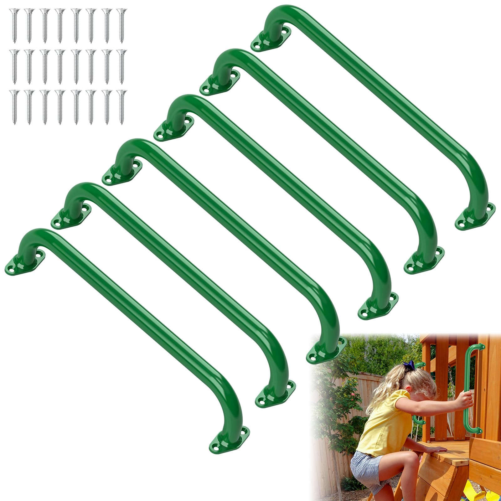 Photo 1 of 17.3 Inch Safety Playground Handles Metal Kids Indoor Outdoor Climbing Monkey Bars Swing Set Accessories Grab Handle Playset Hand Grips for Playhouse, Treehouse, Jungle Gym (Green, 6 Pack)
