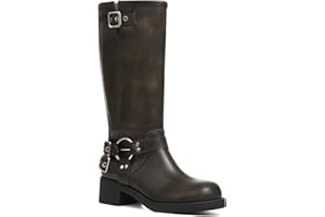 AMINUGAL Knee High Boots Women Square Toe Pull On Wide Calf Riding Fashion Buckles Chunky Metallic Casual Vintage Buckle Rivet